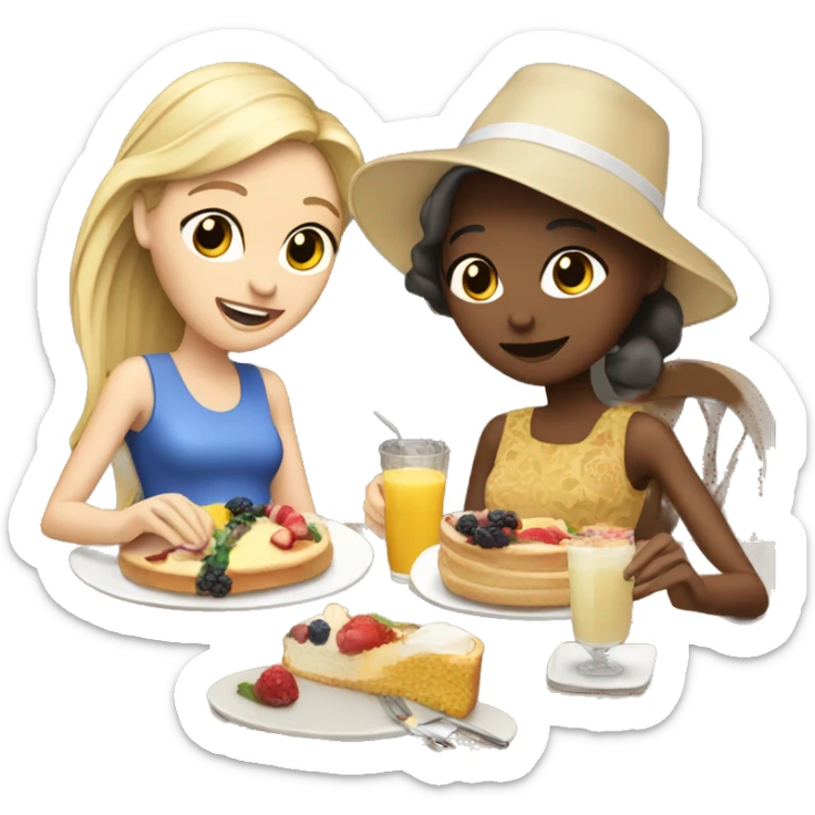 Blonde and brunette, white girls eating brunch. The brunette has a birthday hat on sticker