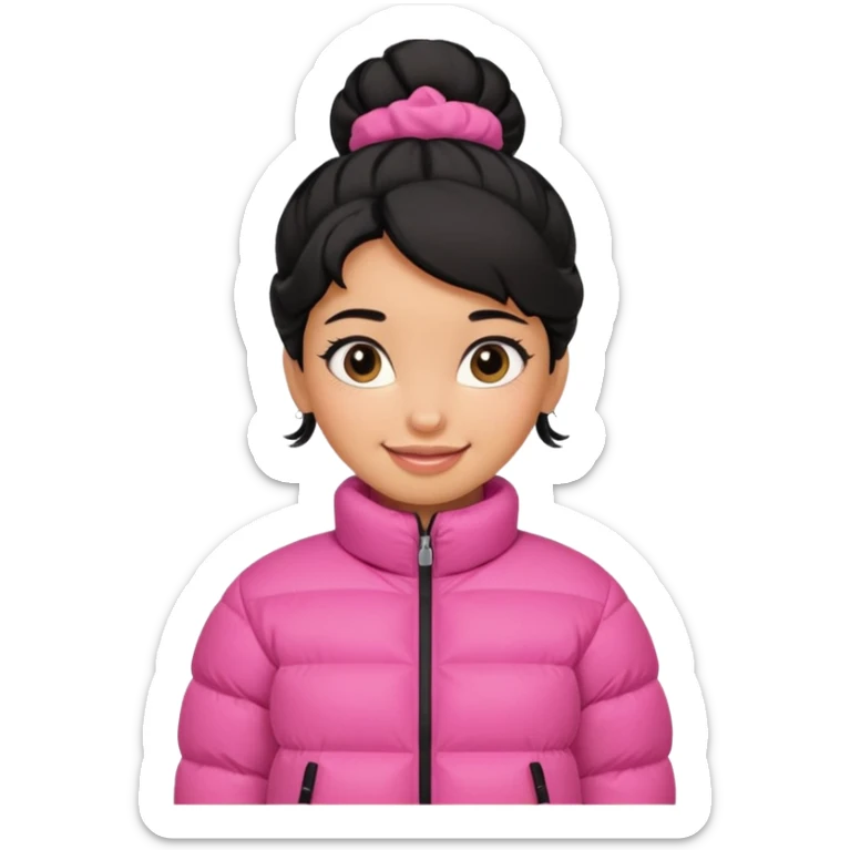 A caramel skinned girl that’s has puffy black hair with her hair up skinny and wears a pink puffer coatb sticker