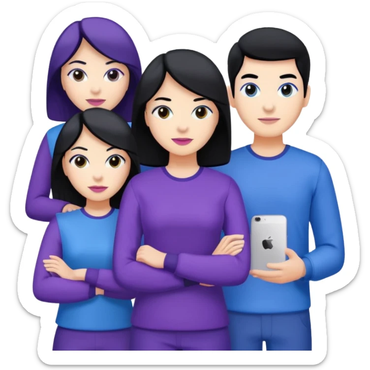 4people 2 men and 2 women. with black hair and white skin. ready to create a team. with blue and purple clothes sticker