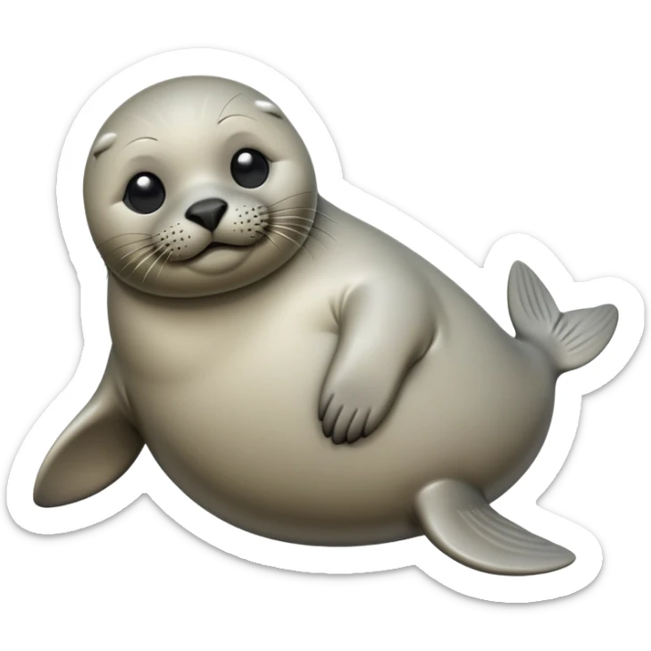 cinematic-seal-realistic-full-body-lounging-emoji,-plump-sleek-body-stretched,-short-smooth-fur-glinting-in-the-sea-breeze,-flippers-tucked-comfortably-beneath-its-body,-large-dark-eyes-filled-with-playful-curiosity sticker