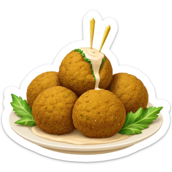 Cinematic Realistic Falafel Dish Emoji, depicted as crispy, golden falafel balls served with tahini sauce rendered with lifelike textures and vibrant, appetizing lighting. sticker