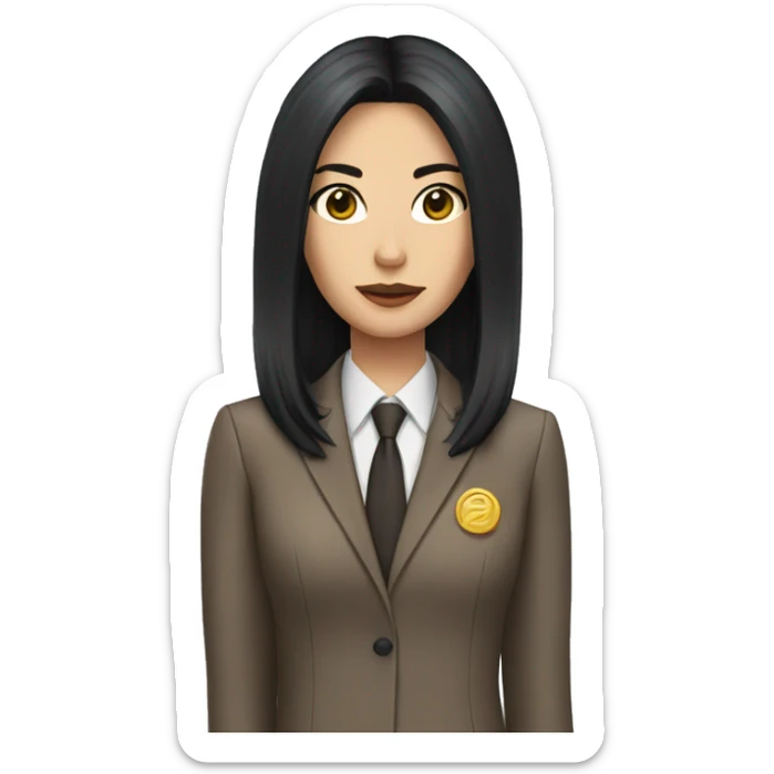 Female defense attorney with long black hair with brown suit sticker