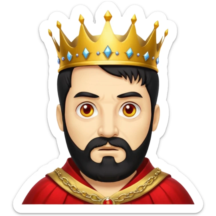 


an old king with yellow skin, red eyes, 60 years old, black hair, black beard, wearing a crown, red robe, fierce face
 sticker