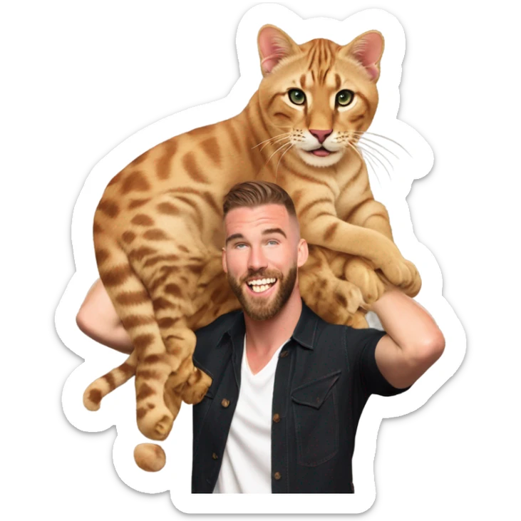 Taylor swift and Travis Kelce holding a bengal cat in the air like Rafiki holds Simba in the lion king  sticker