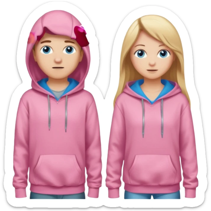 full-length couple, girl with long blonde hair and blue eyes in pink hoodie, boy with brown hair in gray hoodie sticker