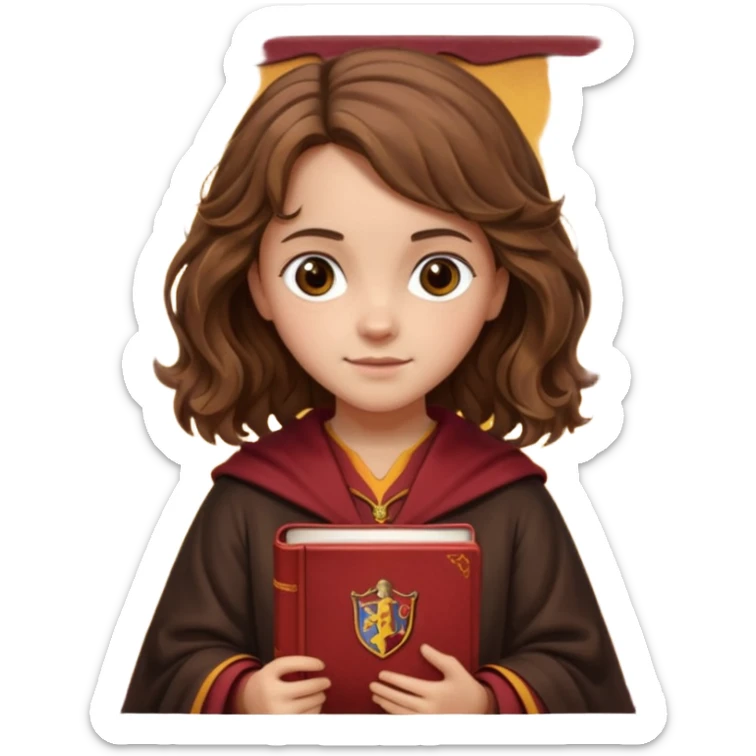 Illustrate Hermione Granger with wavy brown hair, Gryffindor robe & holding a book or wand sticker