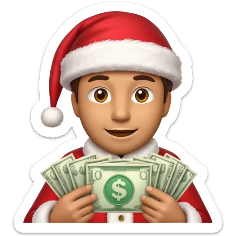 A confident rich emoji face wearing a Santa hat, money stacks, casino vibe, New Year theme, premium 3D emoji style, sharp details, no text, isolated on transparent background sticker
