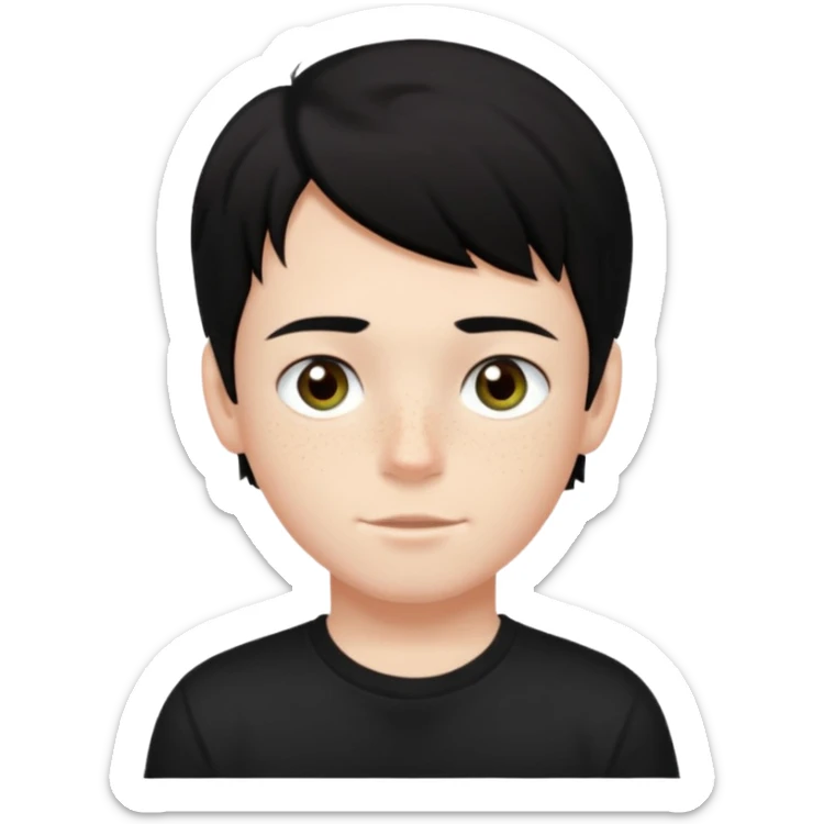 A boy with dark black hair and hazel green and brown eyes and white skin , with freckles and black t shirt  sticker