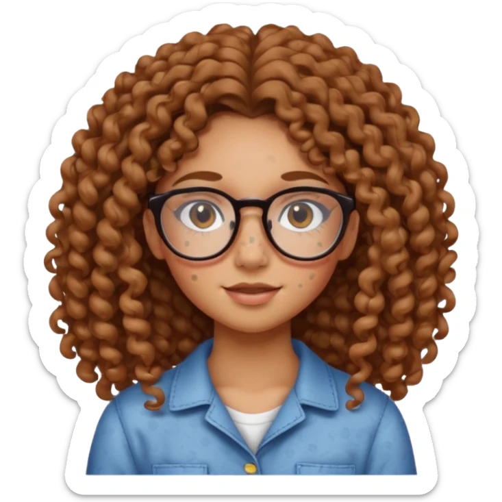 make a really curly hair, teen girl with glasses and little acne that looks like freckles longer like more than shoulder lengthcurly hair, and pretty withe makeup on giving clean girl vibes, and make her have tan skin more blush and really pretty, and the har is really really long

 sticker