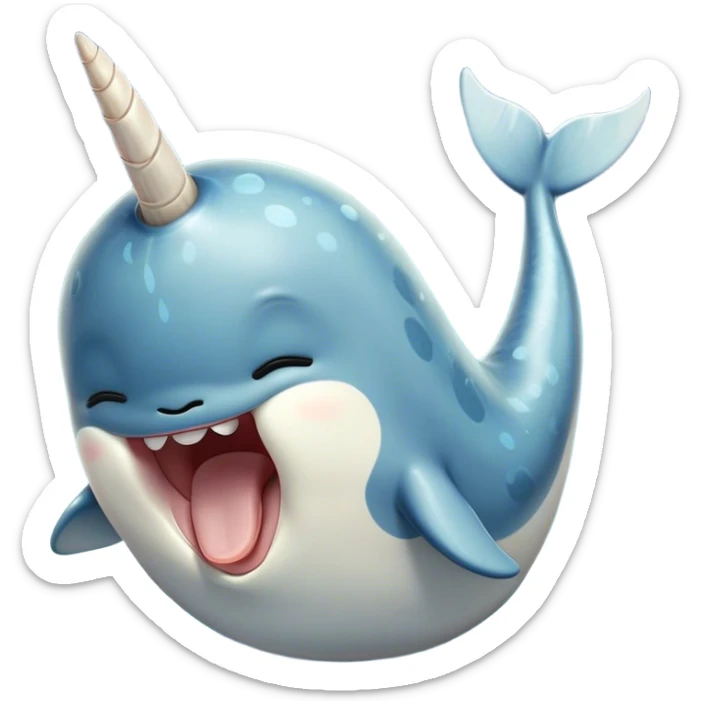Cinematic Cute Yawning Narwhal Portrait Emoji, Head tilted slightly with a dramatic, wide-open yawn, showcasing a streamlined, mottled body with a gracefully curled ivory tusk and sleepy, half-closed eyes, Simplified yet irresistibly adorable features, highly detailed, glowing with a soft, cozy arctic glow, high shine, relaxed yet expressive, stylized with a hint of whimsical marine ease, soft glowing outline, capturing the essence of a drowsy yet affectionate narwhal that appears ready to stretch out for a nap! sticker