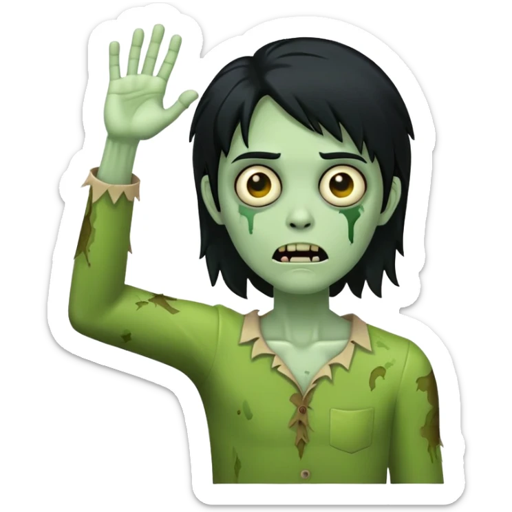 green zombie with one hand raised in the air and black hair sticker