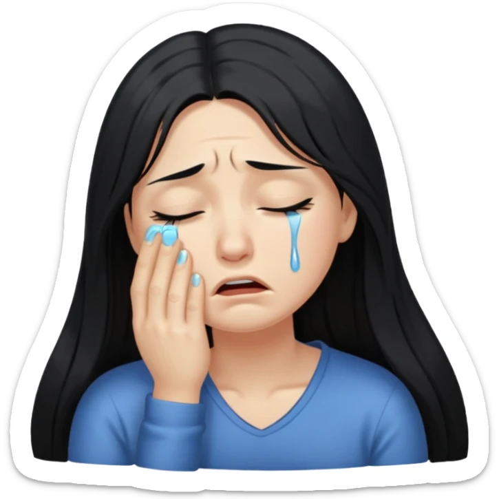 emoji of a woman with long black hair, crying, slumped posture, emotional distress sticker
