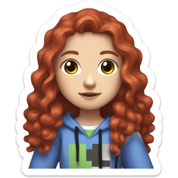 a white girl with long red curly hair, wearing periwinkle Minecraft hoodie holding a controller sticker