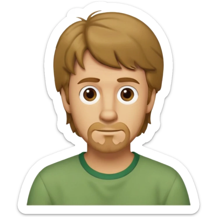shaggy rogers caucasian man, dark blonde, no mustache, short goatee, brown eyes, green shirt from scooby doo sticker