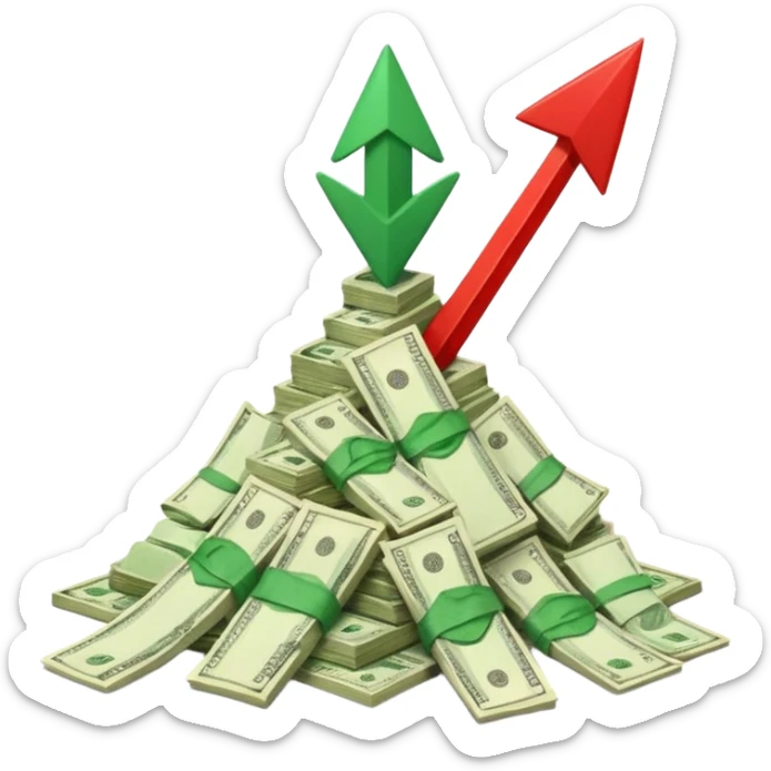 a pile of money infront of strategy paper with one red arrow up sticker