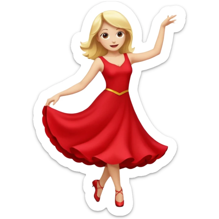 a yellow-blonde woman dancing wearing a red dress, in flat emoji / Apple style, smooth shapes, glossy highlights, bright saturated colors, simple features, minimal details, no outlines, red clothes flowing, joyful pose sticker