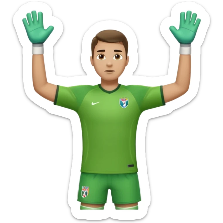 goalkeeper, standing, wearing a green shirt, shorts, socks and football boots, with arms raised sticker
