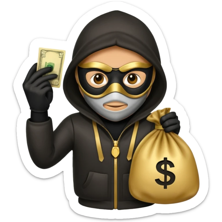 Robber emoji holding a 💰 wearing a mask that is made of robber suit without showing his hand the 💰 need to be in the left sticker