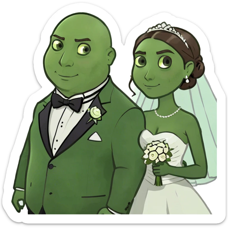 blue-eyed overweight bald man with a beard in a tux and brunette brown-eyed bride sticker