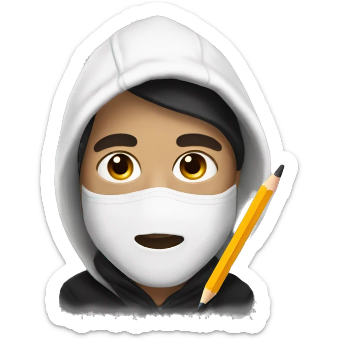 Male artist wearing white drama mask and black hoodie holding pencil sticker