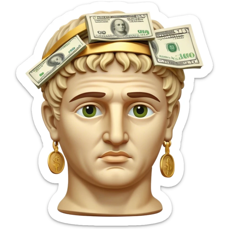 half body portrait of roman caesar statue head with cash on eyes sticker