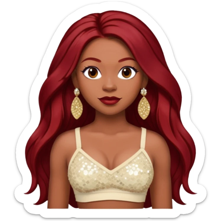 LaTavia Robeson with long dark red hair, ivory sequin crop top, ivory earring sticker