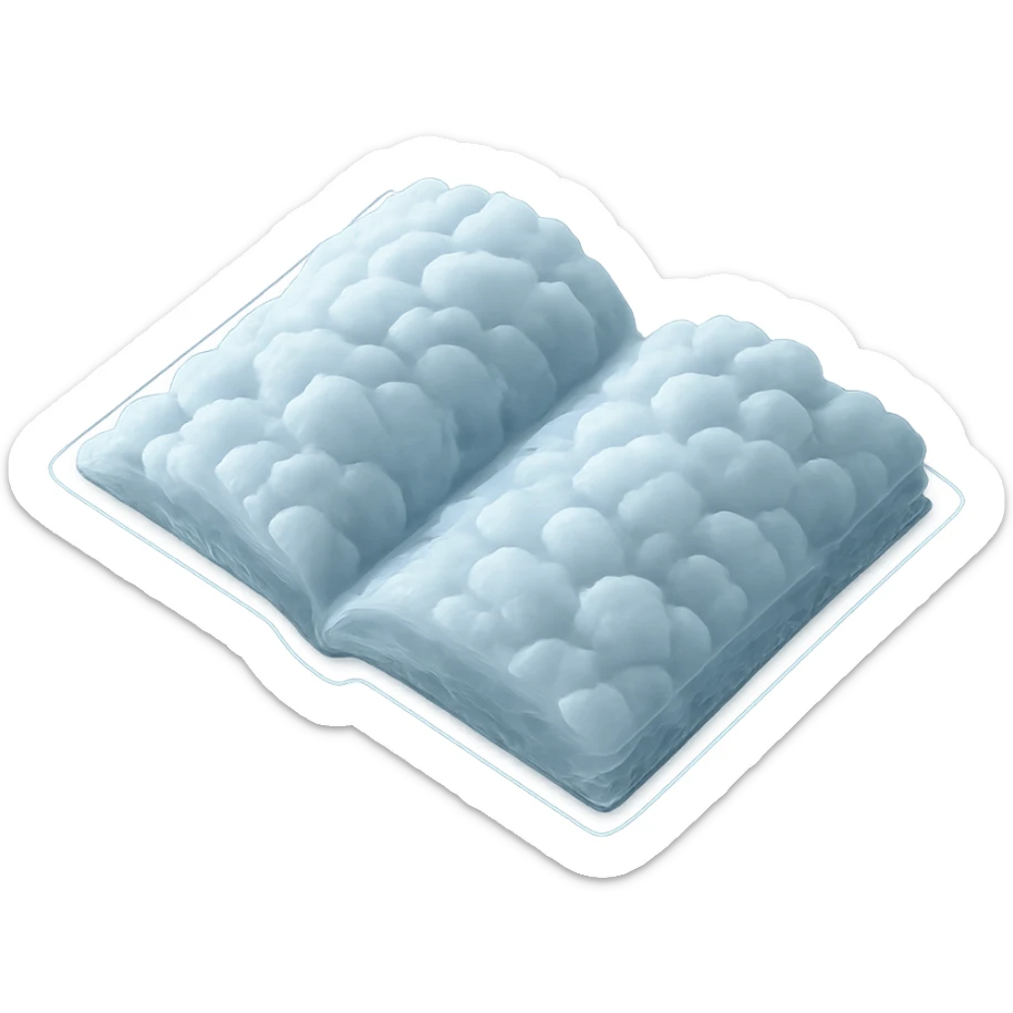 top view of a thick open book made entirely of small, very bright white fluffy convex clouds, matte glass style sticker
