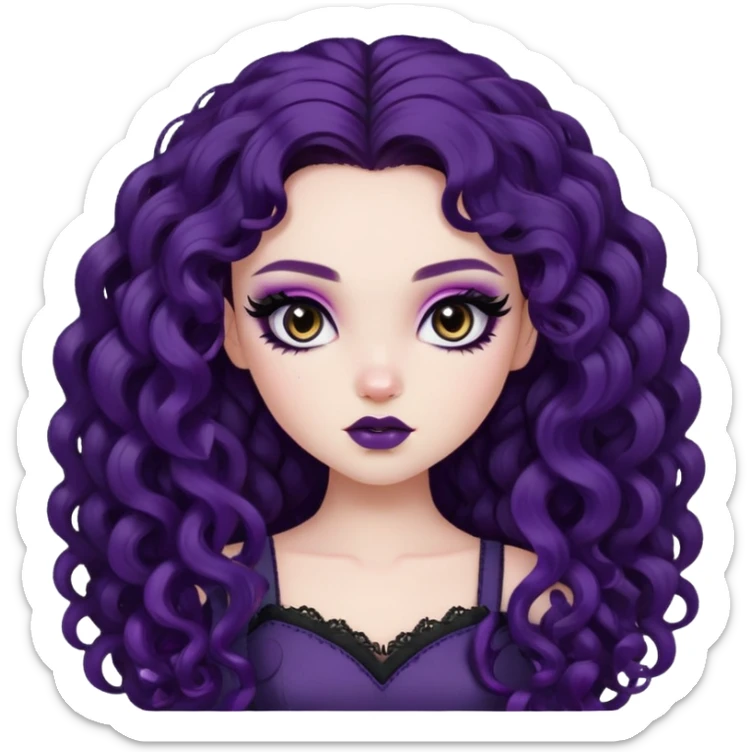 curly long dark purple hair, pale skin, brown eyes, pretty bratz baddie, black eyeliner, blush sticker