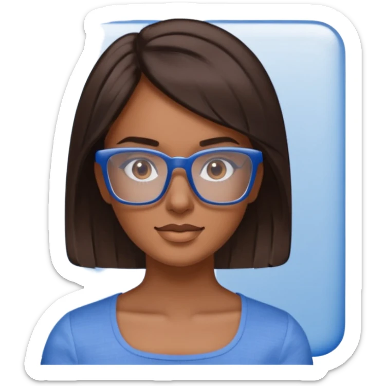 mujer de 30 años, cabello marron oscuro, anteojos cuadrados transparente, top celeste escote cuadrado sticker