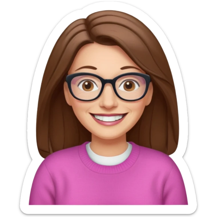 50 yr Caucasian woman, long brown hair parted on side, brown eyes, glasses,big smile, white teeth, pink sweater sticker