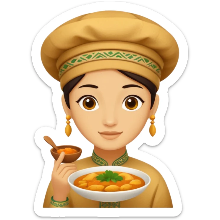 Uzbek cuisine humanless avatar in bright illustration. Classic dishes like plov, warm golden and earthy tones, simple shapes, flat design, high contrast, friendly and appetizing. sticker