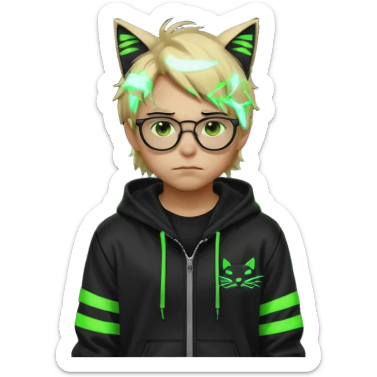 Light blond, slightly messy hair
Black glasses
A black hoodie with cat ears
Neon green details on the jacket and pants (glowing lines and stripes)
An overall hacker / cyberpunk style look
A neutral facial expression (boy )eyes brown) the hood with ears BROWN EYE BROWN EYE sticker