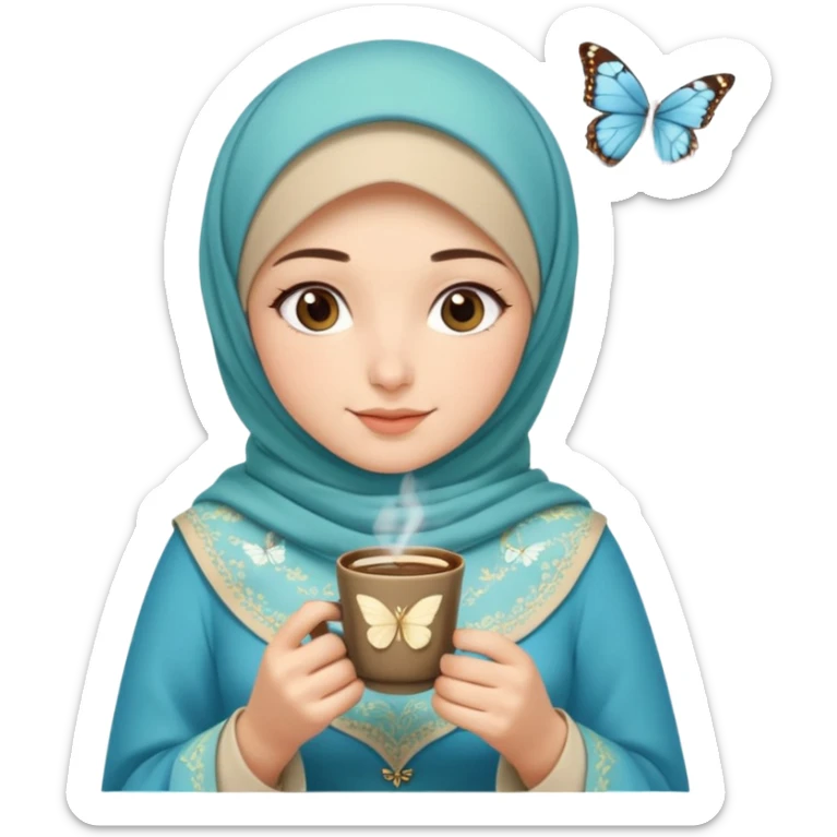 Turkish beautiful finish Konya girl blue with beige and light green hijab  butterfly islamic dress and had on her hand Turkish coffee sticker