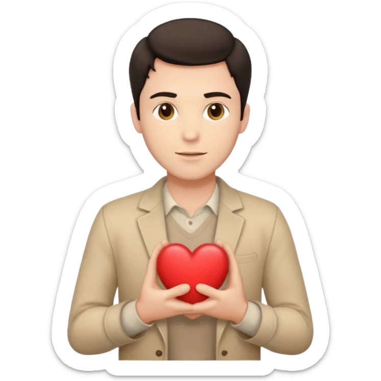 A white handsome man with dark hair and beige clothes with beige heart in his hands sticker