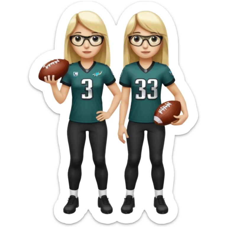 full length women wearing eagles uniform, long blonde hair, straight bangs, black glasses, holding football, number 33 sticker