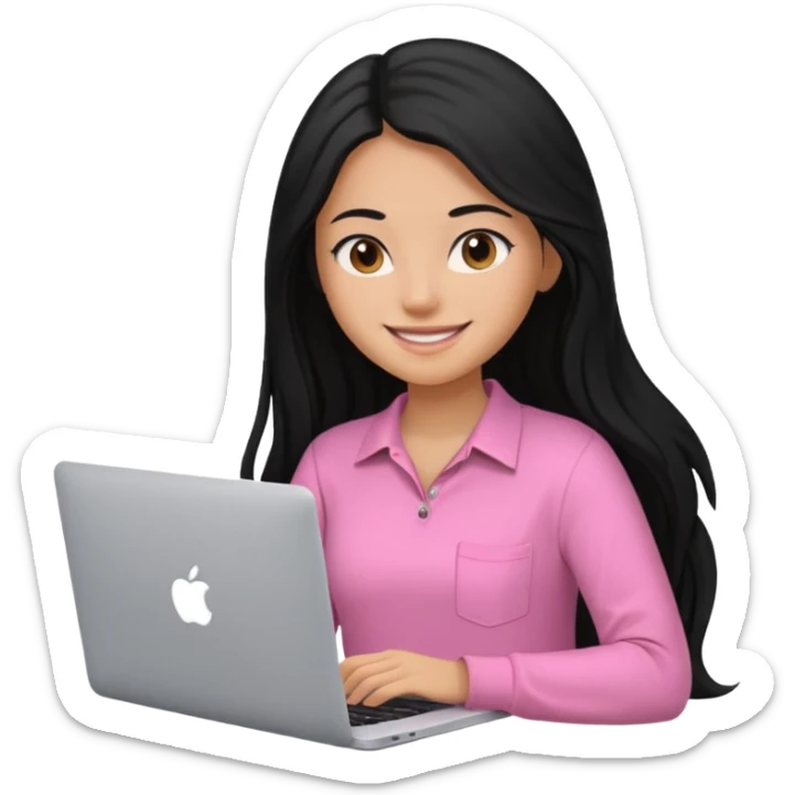 girl with black long hair working in a macbook, pink shirt, smily sticker