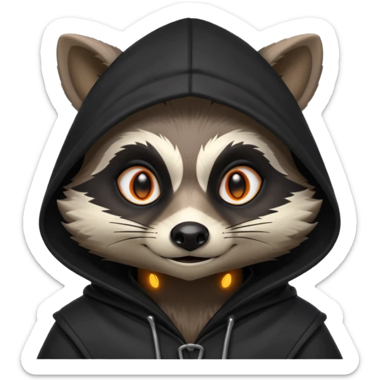 gothic thief raccoon portrait, head and shoulders only, dark hood, glowing eyes, mysterious sneaky grin, 3D cartoon, mobile game icon style, clean background, no text, no watermark
 sticker