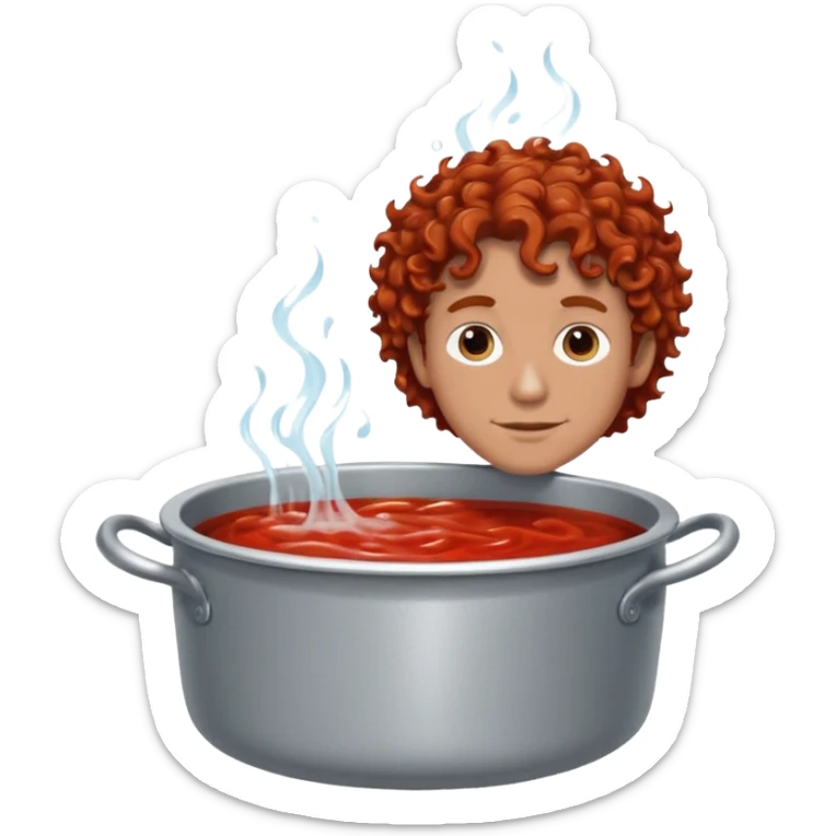a white man with brown curly hair swimming in a pot of sauce sticker