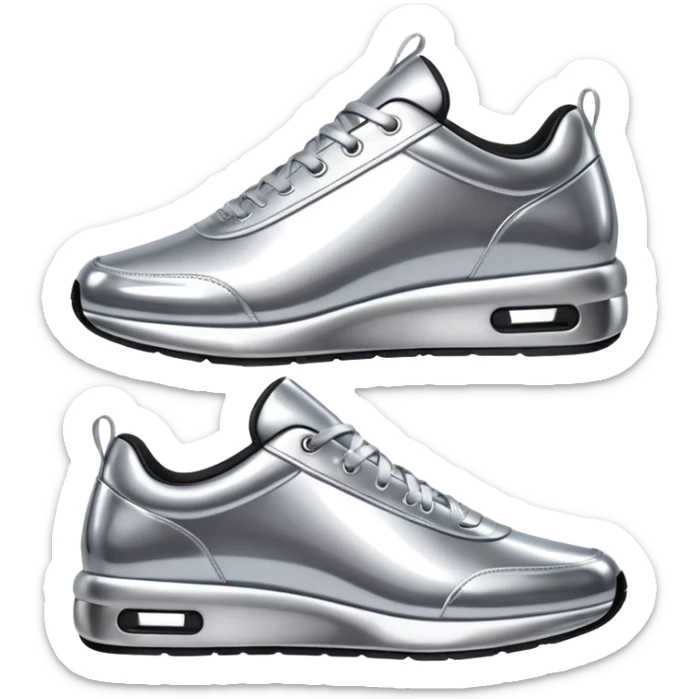 A pair of futuristic sneakers emoji made of silver chrome, sleek streetwear design, smooth metallic panels, subtle reflections, luxury swag aesthetic, iOS emoji style, centered, clean white background sticker
