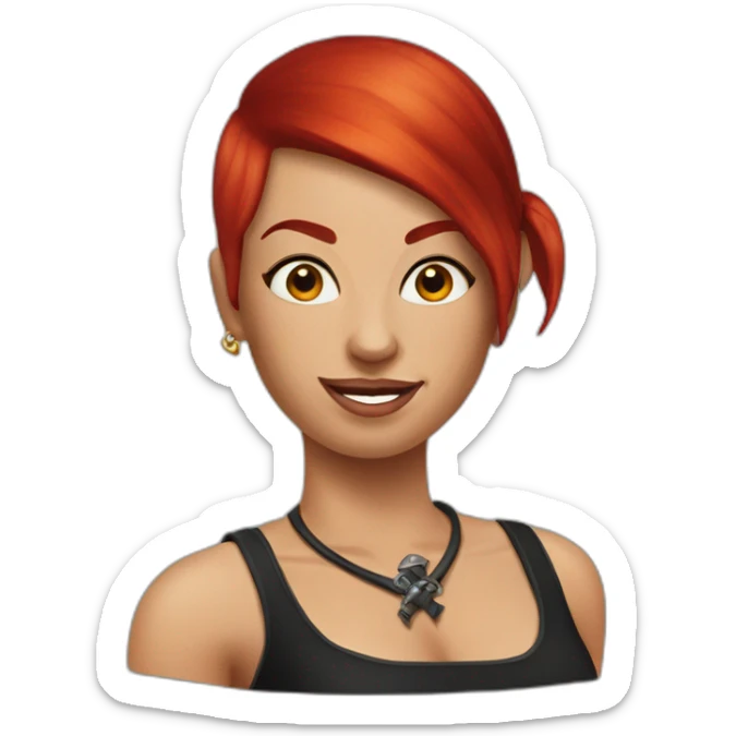 Woman red hair with one side of head shaved and a tattoo on the shaved head with a pirate hat sticker