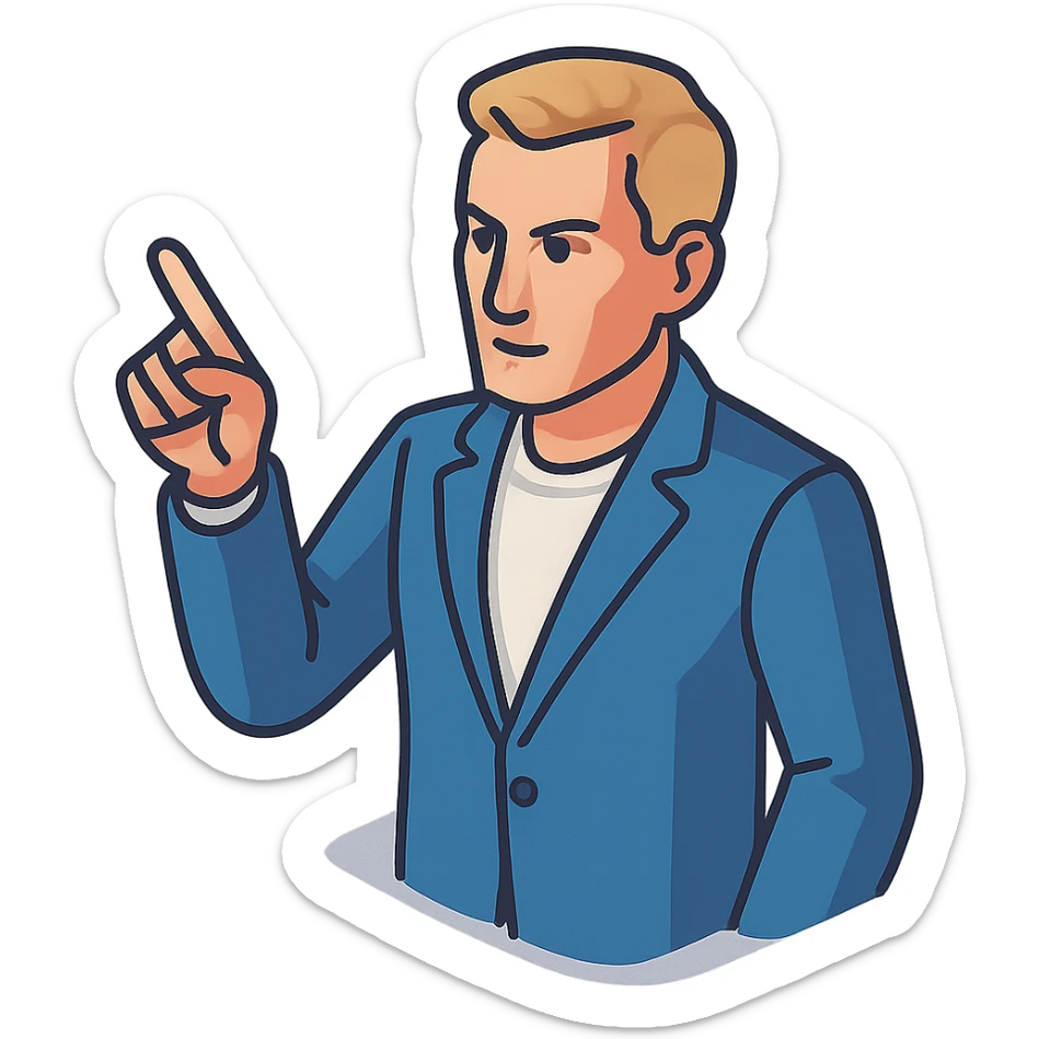 Confident male leader, Caucasian, short neat blonde hair, sharp eyes, indigo jacket, one arm raised gicing direction, waist-up, front-facing sticker