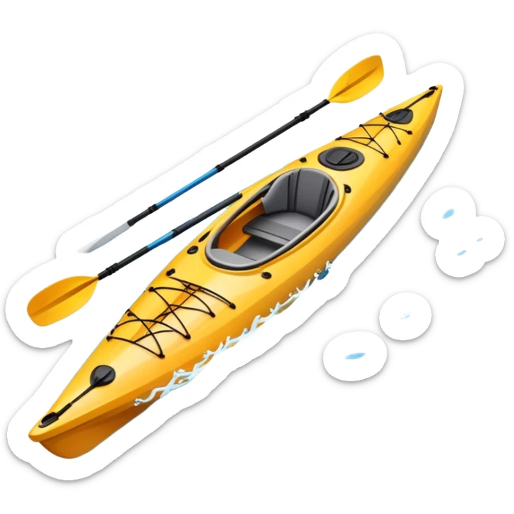 An icon showing a close-up of a sleek kayak with double-bladed paddles gliding through water. Splashes surround the boat as it cuts across a calm surface, symbolizing speed and focus. Transparent background emphasizes the dynamic and personal nature of kayak paddling. sticker