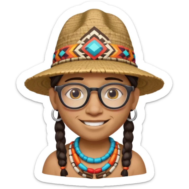cute Indigenous tribal character portrait, head and shoulders only, wearing glasses, stylish hat, friendly smile, colorful tribal patterns, 3D cartoon, mobile game icon style, clean background, no text, no watermark
 sticker