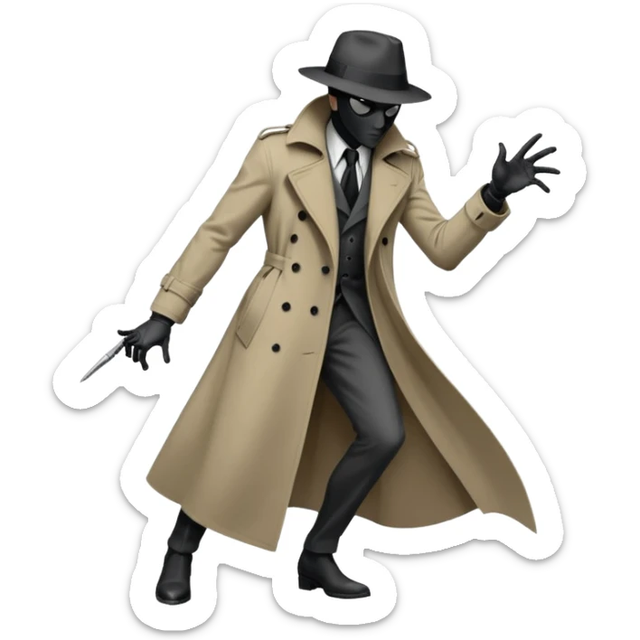 Die-cut sticker of Spider-Noir, monochrome black and grey palette, trench coat fluttering, 1940s detective aesthetic. Sharp edges, heavy shadows, white border, isolated on white background, high detail. sticker