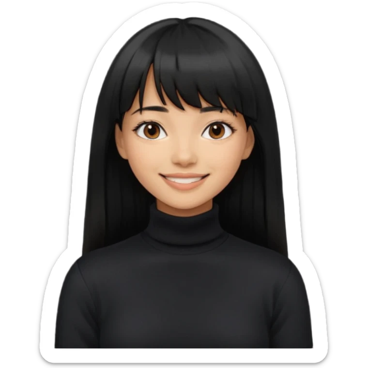 Photograph of a young woman with long, straight black hair and bangs, wearing a black turtleneck sweater. sticker