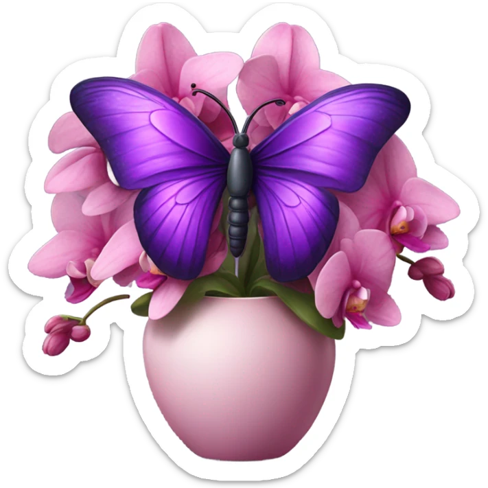 Aesthetic butterfly with purple and pink wings sitting on a dark purple bouquet of Orchids in a pastel pink vase sticker