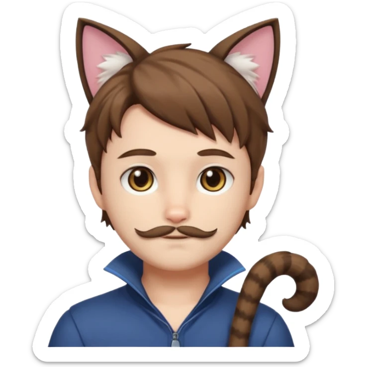 white boy with cat tail with little facial hair and cat ears with brown hair and anime features sticker
