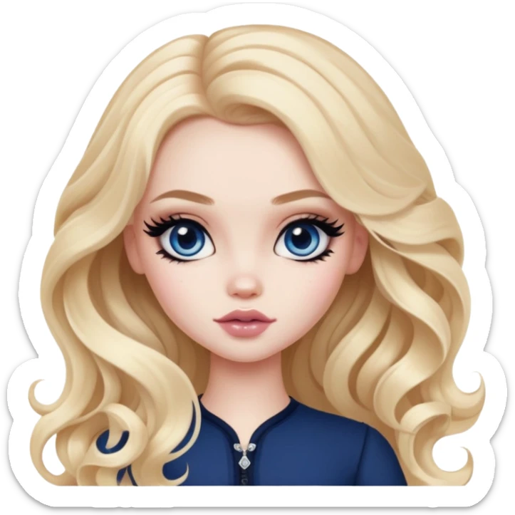  long wavy blonde hair, pale skin, dark blue eyes, pretty bratz baddie, black eyeliner, blush sticker