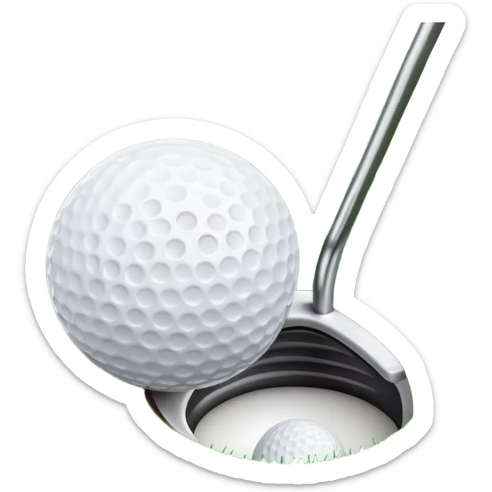 A golf ball positioned next to a golf club on a well-manicured green, with the lush grass of the golf course in the background. The setting captures the peaceful yet competitive atmosphere of the sport, focusing on the precision and skill required for the perfect shot sticker