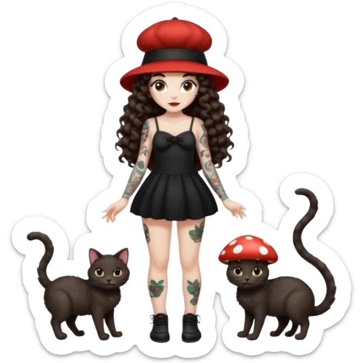 full body woman long curly brown hair brown eyes white skin tattoos black cat at feet, both wearing matching mushroom hats sticker